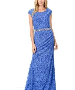 Prom Long Navy Blue Cap Sleeve Lace Dress With Shawl By Lenovia 39 Prom Long Navy Blue Cap Sleeve Lace Dress With Shawl By Lenovia