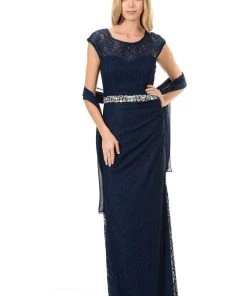 Prom Long Navy Blue Cap Sleeve Lace Dress With Shawl By Lenovia