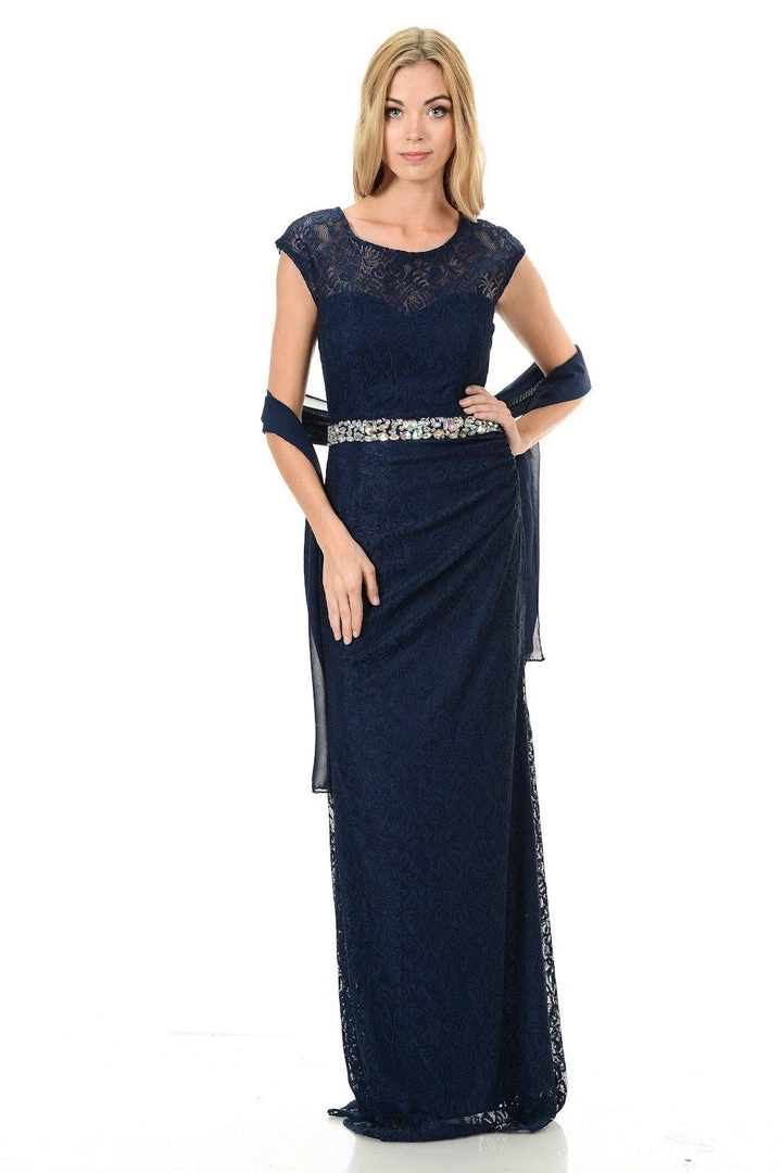 Prom Long Navy Blue Cap Sleeve Lace Dress With Shawl By Lenovia 3 Prom Long Navy Blue Cap Sleeve Lace Dress With Shawl By Lenovia