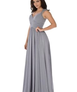Prom Long Navy Blue Dress With Pleated V-Neck Bodice By Poly USA