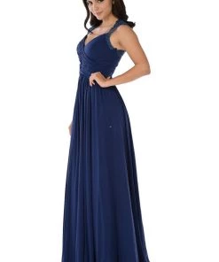 Prom Long Navy Blue Dress With Pleated V-Neck Bodice By Poly USA