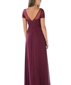 Prom Long Navy Blue Dress With Short Sleeved Lace Bodice By Poly USA