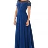 Prom Long Navy Blue Dress With Short Sleeved Lace Bodice By Poly USA
