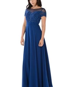 Prom Long Navy Blue Dress With Short Sleeved Lace Bodice By Poly USA
