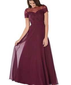 Prom Long Navy Blue Dress With Short Sleeved Lace Bodice By Poly USA