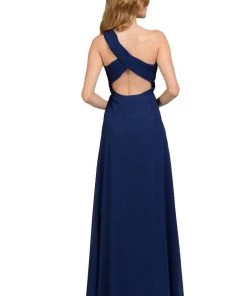 Long Navy Blue One Shoulder Chiffon Dress By Poly USA