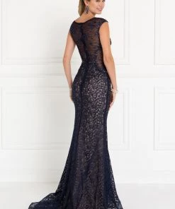 Long Navy Cap Sleeve Lace Dress By Elizabeth K GL1531