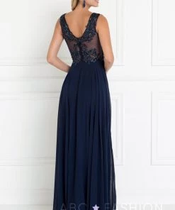 Long Navy Dress With Beaded Illusion Bodice By Elizabeth K GL1566