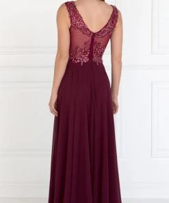 Long Navy Dress With Beaded Illusion Bodice By Elizabeth K GL1566