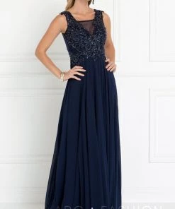 Long Navy Dress With Beaded Illusion Bodice By Elizabeth K GL1566