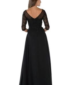 Long Navy Dress With Illusion Lace Sleeves By Poly USA 11 Long Navy Dress With Illusion Lace Sleeves By Poly USA