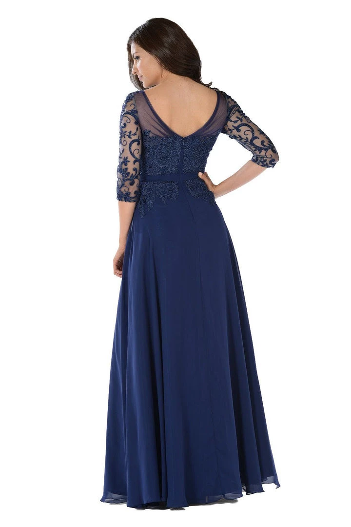 Long Navy Dress With Illusion Lace Sleeves By Poly USA 4 Long Navy Dress With Illusion Lace Sleeves By Poly USA