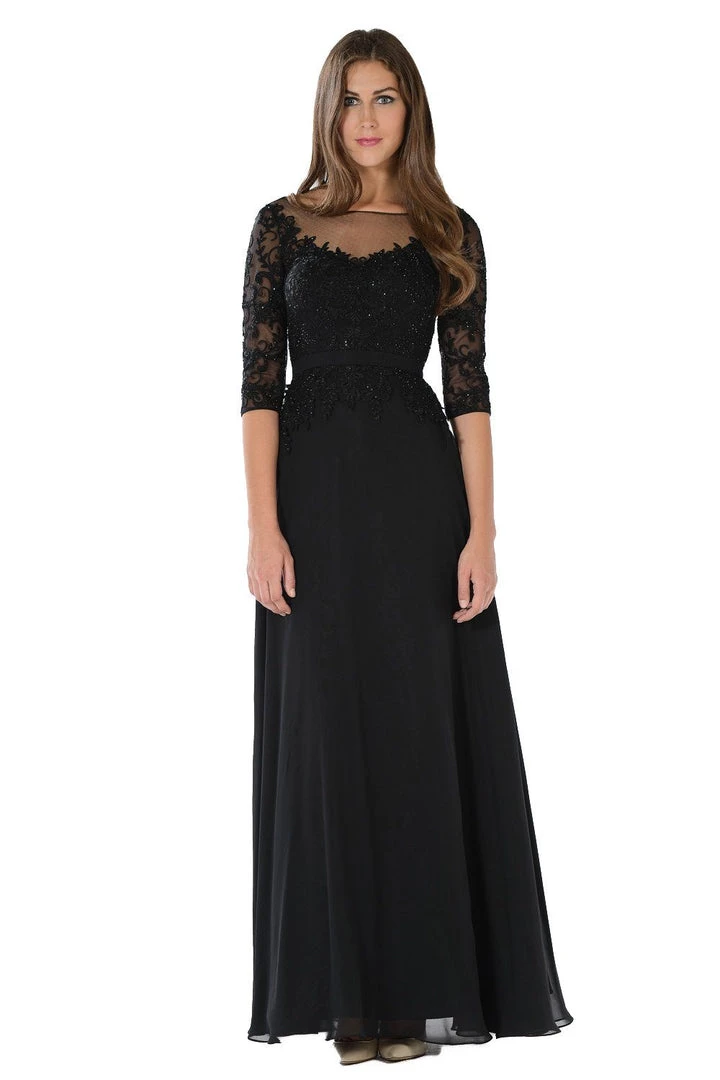 Long Navy Dress With Illusion Lace Sleeves By Poly USA 5 Long Navy Dress With Illusion Lace Sleeves By Poly USA