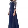 Long Navy Dress With Illusion Lace Sleeves By Poly USA