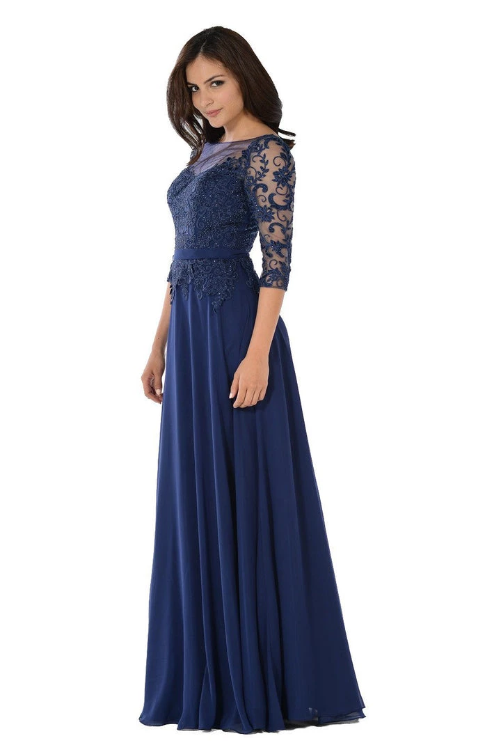 Long Navy Dress With Illusion Lace Sleeves By Poly USA 3 Long Navy Dress With Illusion Lace Sleeves By Poly USA