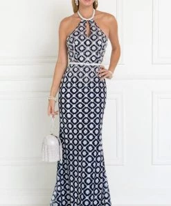 Prom Long Navy Halter Floral Print Dress By Elizabeth K GL1548