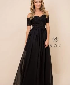 Long Off Shoulder Dress With Appliqued Bodice By Nox Anabel A061 Prom