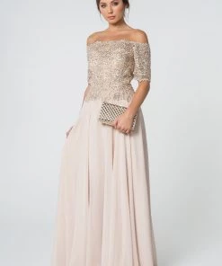 Long Off Shoulder Dress With Embroidered Bodice By Elizabeth K GL2525 Prom