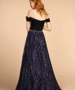 Long Off Shoulder Dress With Glitter Print Skirt By Elizabeth K GL2530