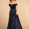 Long Off Shoulder Dress With Glitter Print Skirt By Elizabeth K GL2530