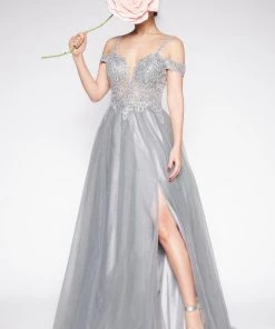 Applique Long Off Shoulder Dress By Cinderella Divine CD0138