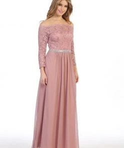 Prom Long Off Shoulder Dress With Lace Bodice By Celavie 6468L 27 Prom Long Off Shoulder Dress With Lace Bodice By Celavie 6468L