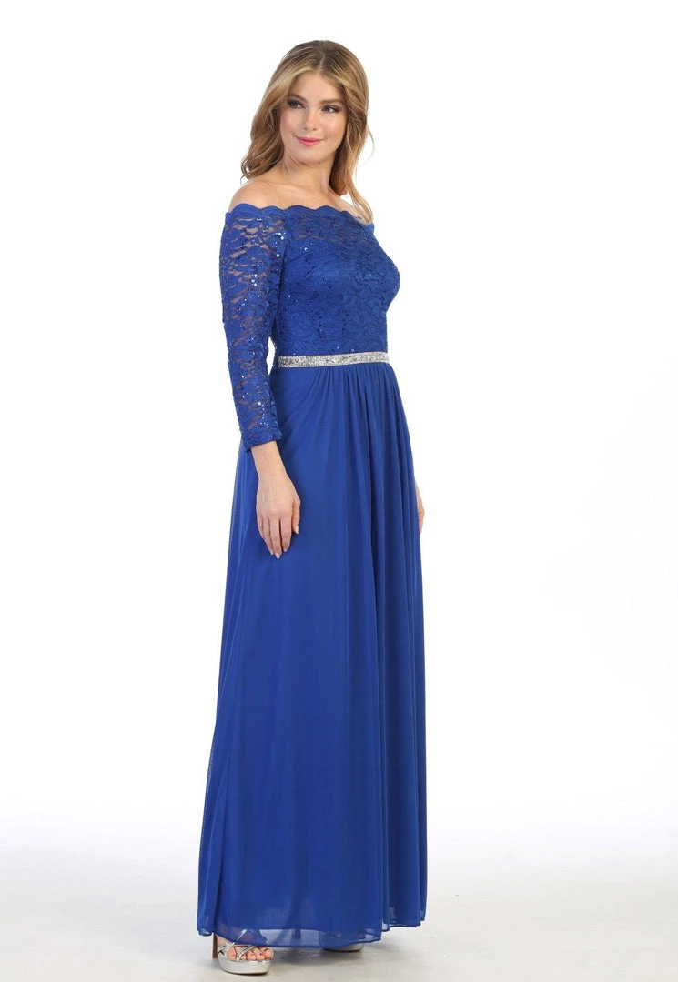 Prom Long Off Shoulder Dress With Lace Bodice By Celavie 6468L 6 Prom Long Off Shoulder Dress With Lace Bodice By Celavie 6468L