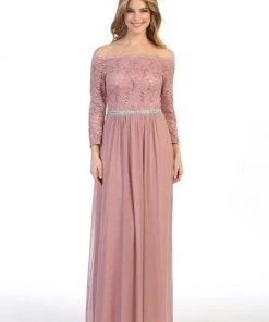 Prom Long Off Shoulder Dress With Lace Bodice By Celavie 6468L 24 Prom Long Off Shoulder Dress With Lace Bodice By Celavie 6468L