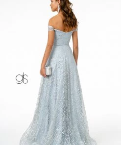 Long Off Shoulder Glitter Print Dress By Elizabeth K GL2887 Prom