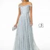 Long Off Shoulder Glitter Print Dress By Elizabeth K GL2887 Prom