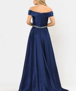 Long Off Shoulder Illusion V-Neck Dress By Poly USA 8680