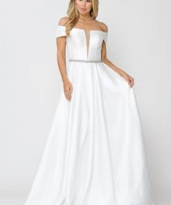 Long Off Shoulder Illusion V-Neck Dress By Poly USA 8680 42 Long Off Shoulder Illusion V-Neck Dress By Poly USA 8680