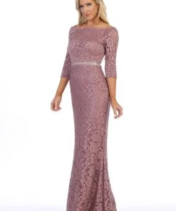 Long Off Shoulder Lace Dress With Beaded Waist By Celavie 6390L Prom