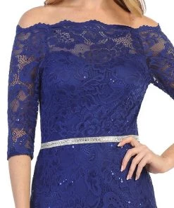 Long Off Shoulder Lace Dress With Beaded Waist By Celavie 6390L Prom