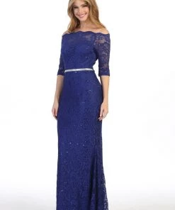 Long Off Shoulder Lace Dress With Beaded Waist By Celavie 6390L Prom