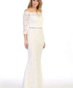 Long Off Shoulder Lace Dress With Beaded Waist By Celavie 6390L Prom