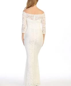 Long Off Shoulder Lace Dress With Beaded Waist By Celavie 6390L Prom