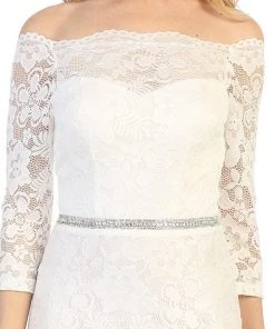 Long Off Shoulder Lace Dress With Beaded Waist By Celavie 6390L Prom