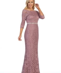 Long Off Shoulder Lace Dress With Beaded Waist By Celavie 6390L Prom