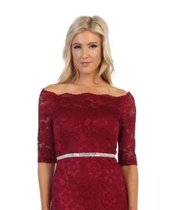 Long Off Shoulder Lace Dress With Beaded Waist By Celavie 6390L Prom