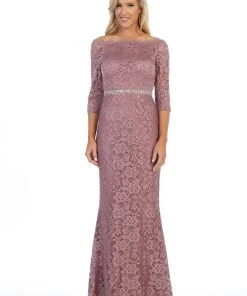 Long Off Shoulder Lace Dress With Beaded Waist By Celavie 6390L Prom