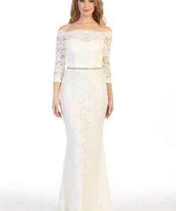 Long Off Shoulder Lace Dress With Beaded Waist By Celavie 6390L Prom