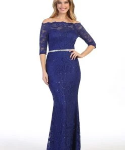 Long Off Shoulder Lace Dress With Beaded Waist By Celavie 6390L Prom