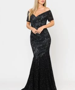 Long Off Shoulder Lace Mermaid Dress By Poly USA 8596