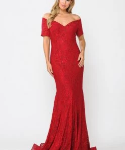 Long Off Shoulder Lace Mermaid Dress By Poly USA 8596