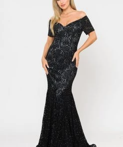 Long Off Shoulder Lace Mermaid Dress By Poly USA 8596