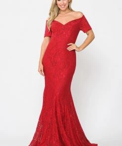 Long Off Shoulder Lace Mermaid Dress By Poly USA 8596