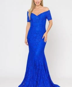 Long Off Shoulder Lace Mermaid Dress By Poly USA 8596