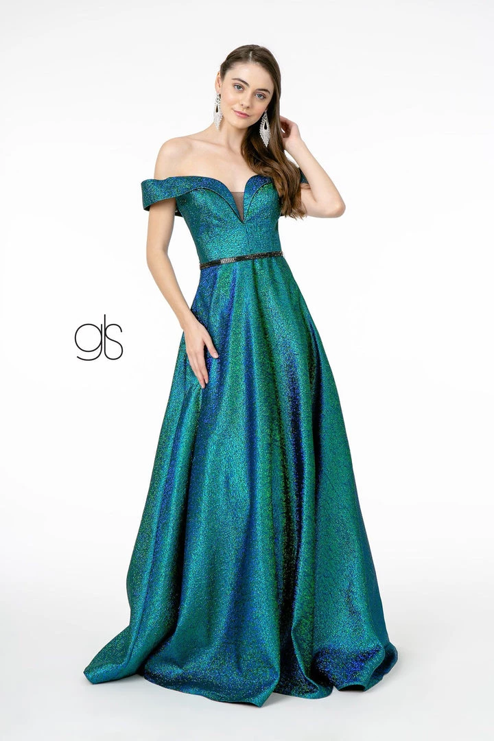 Long Off Shoulder Metallic Glitter Dress By Elizabeth K GL2982 Prom 3 Long Off Shoulder Metallic Glitter Dress By Elizabeth K GL2982 Prom