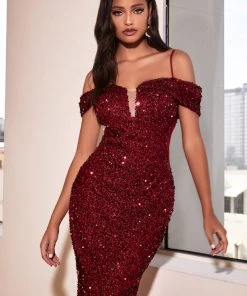 Long Off Shoulder Sequin Dress By Cinderella Divine CD975 Prom